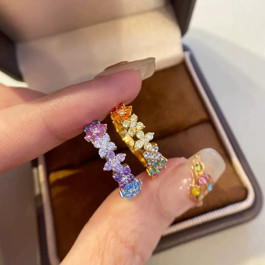 法式复古多巴胺四叶草戒指时尚轻奢彩色镶钻莫奈花园条戒排戒指环