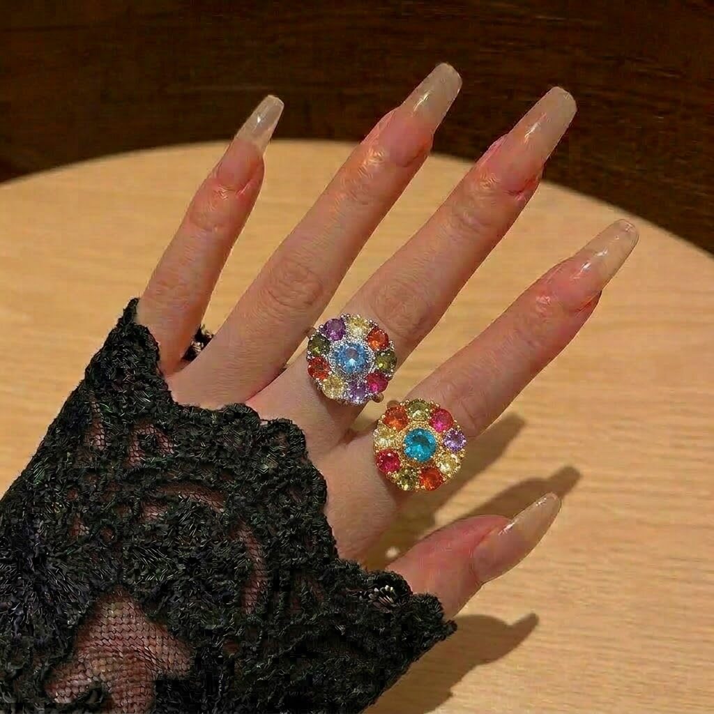 戒指女欧美旋转微镶锆石气质气质冷淡七彩色花朵满钻圆形戒指饰品