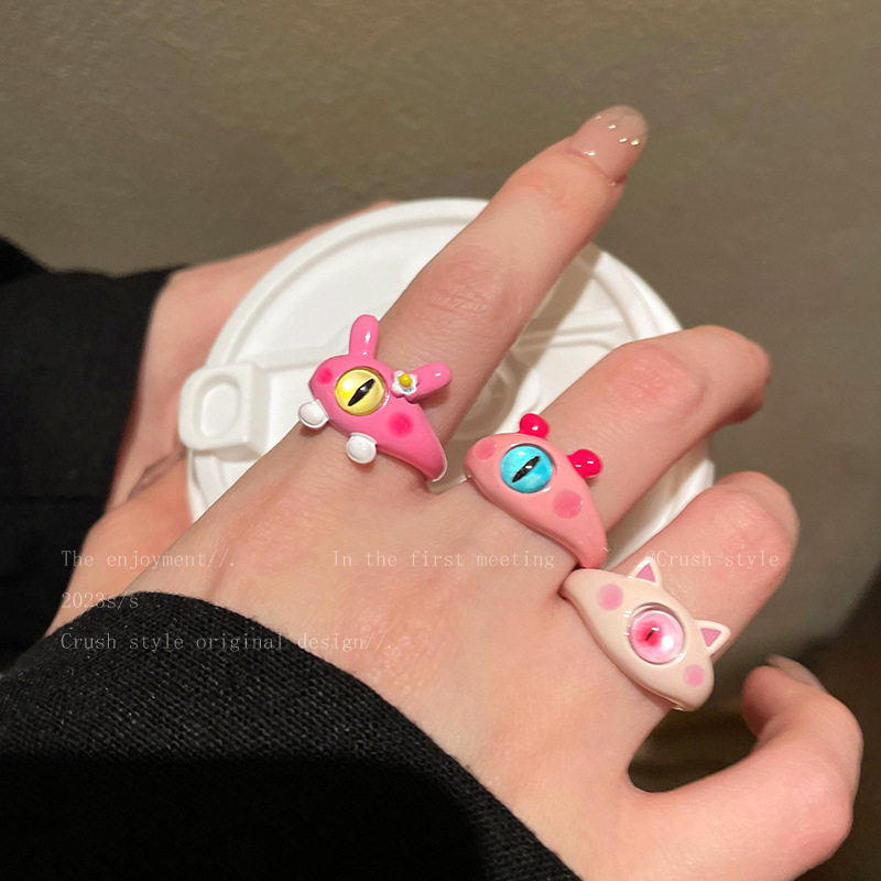 童趣可爱喵咪大眼萌怪兽戒指女小众设计食指戒开口指环闺蜜情侣款