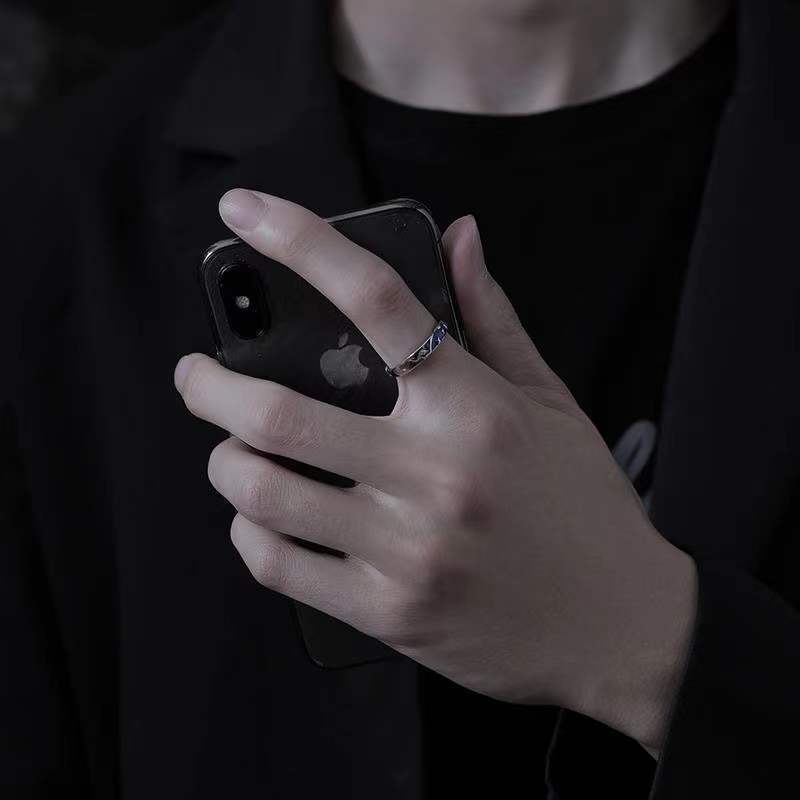 蓝色星辰戒指男ins潮设计男士单身食指开口指环学生开口可调节