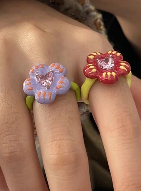 新款可爱甜美开口戒指多巴胺立体花朵爱心锆石手工太阳花时尚感女