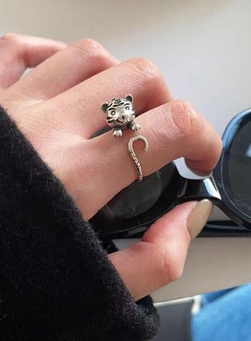 复古做旧小老虎戒指钩针带线女小众设计食指戒个性冷淡风简约指环