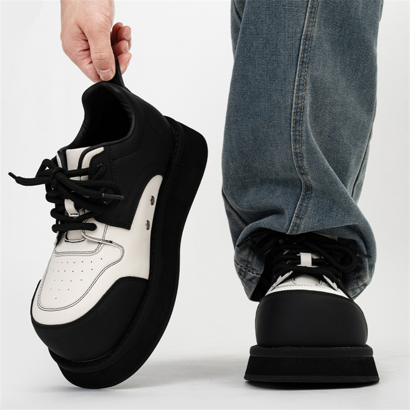 美式黑白大头米奇鞋男哑光厚底休闲松糕面包鞋8cm隐形内增高板鞋