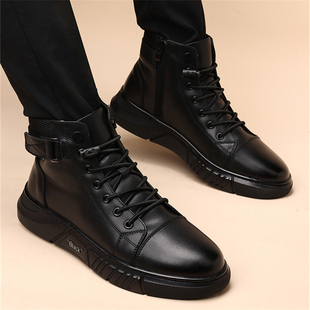 真皮马丁靴男士秋冬季英伦休闲高帮板鞋拉链内增高软底工装短靴子