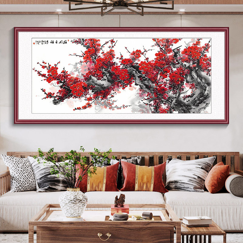 花开富贵国画牡丹花挂画中式客厅装饰画横幅沙发背景墙中堂梅花图