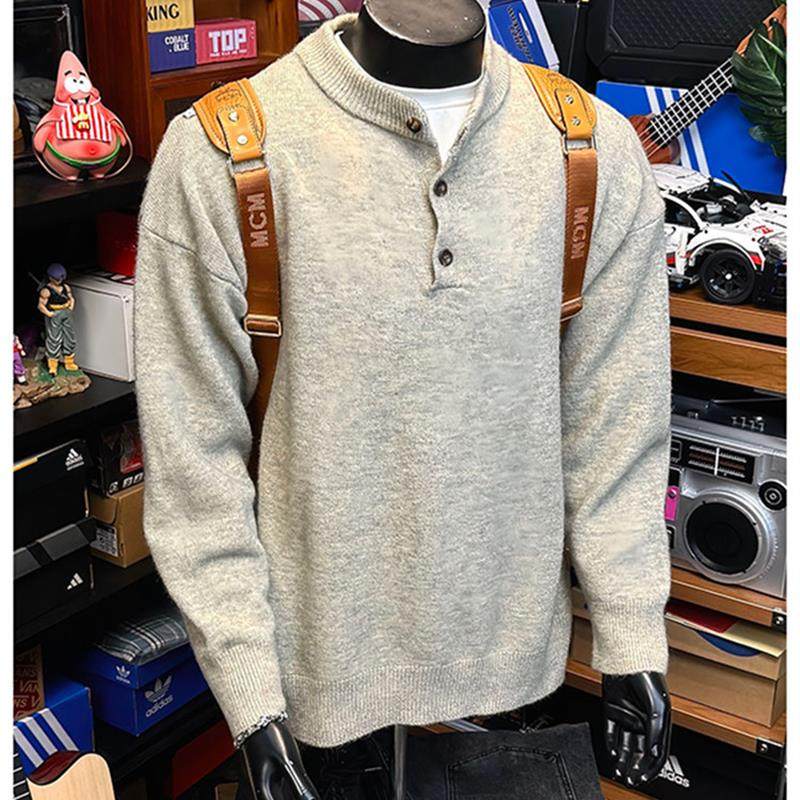 美式慵懒风亨利领毛衣男款秋冬季高级感不起球覆古内搭针织打底衫