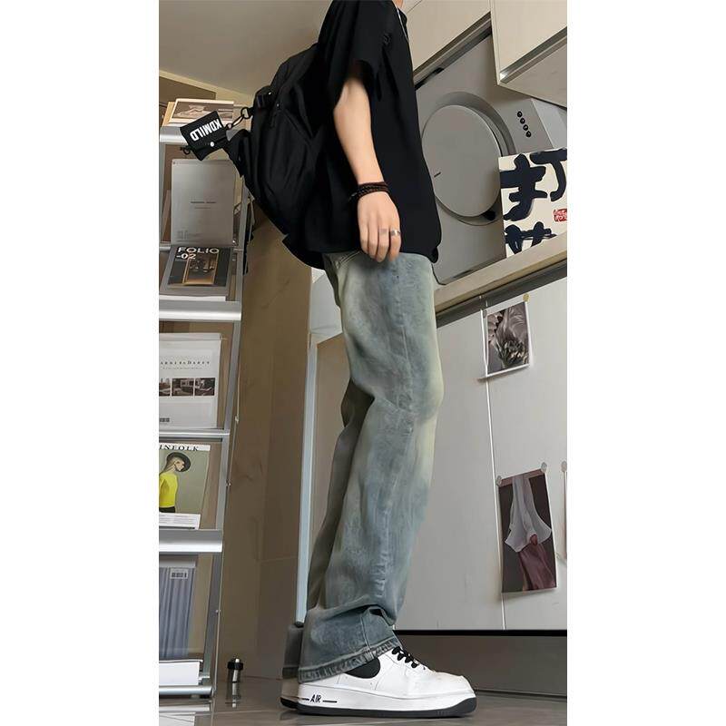 复古蓝窄版修身牛仔裤男秋冬vintage水洗美式裤子高腰显瘦微喇裤