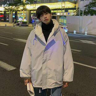 羊羔绒棉服男款冬季日系复古青少年连帽棉衣外套加绒加厚宽松棉袄
