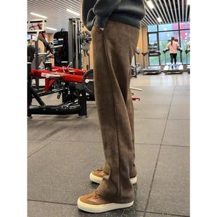 麦穗纹美式咖色裤子男款秋冬美拉德加绒直筒卫裤健身运动休闲长裤