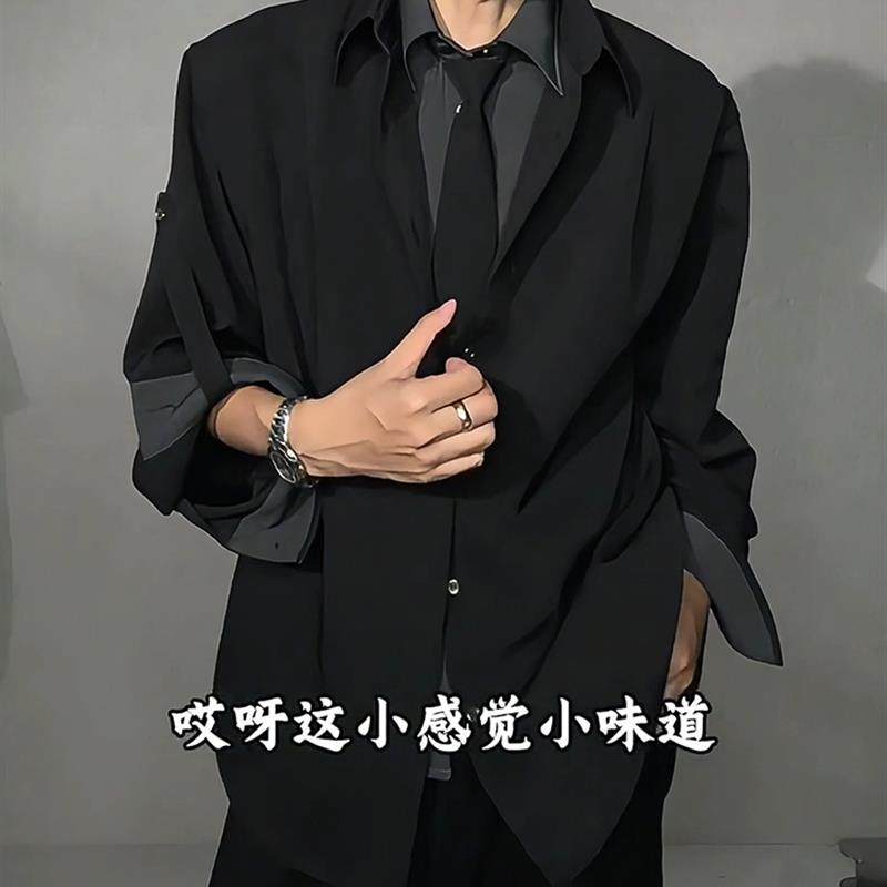 假两件拼接领带设计感衬衫男款早秋季高级感衬衣外套痞帅休闲西装