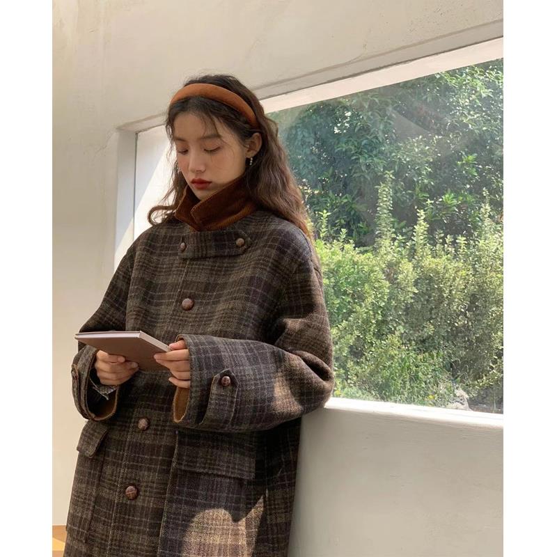格子呢子大衣女2024年秋冬季新款毛呢外套小个子韩系慵懒风中长款