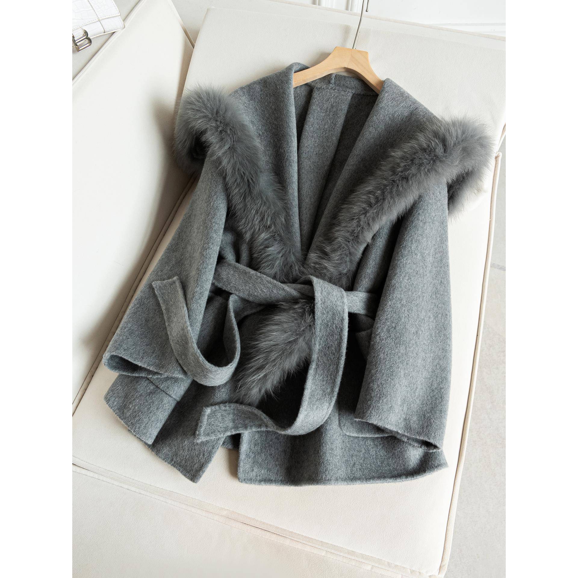 高级感狐狸毛领羊毛双面呢大衣女 宽松显瘦气质毛呢外套S13753