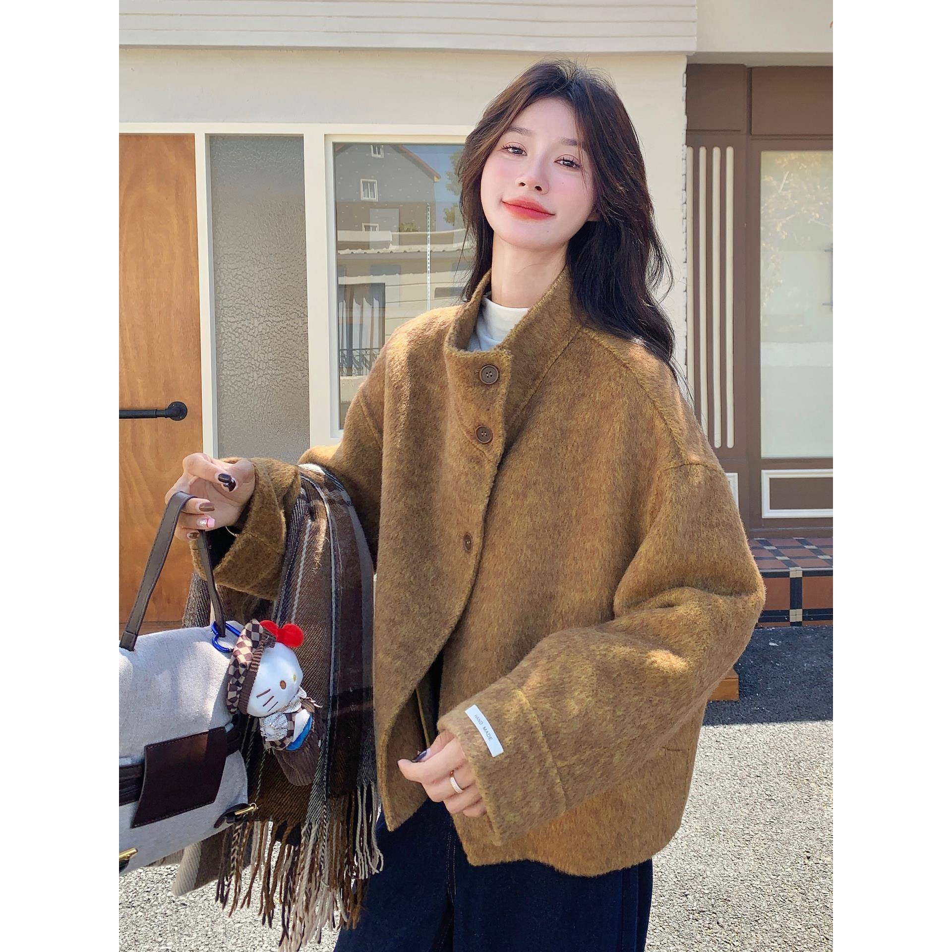韩系温柔风卡其色双面羊毛大衣女2025秋冬小个子高端短款毛呢外套