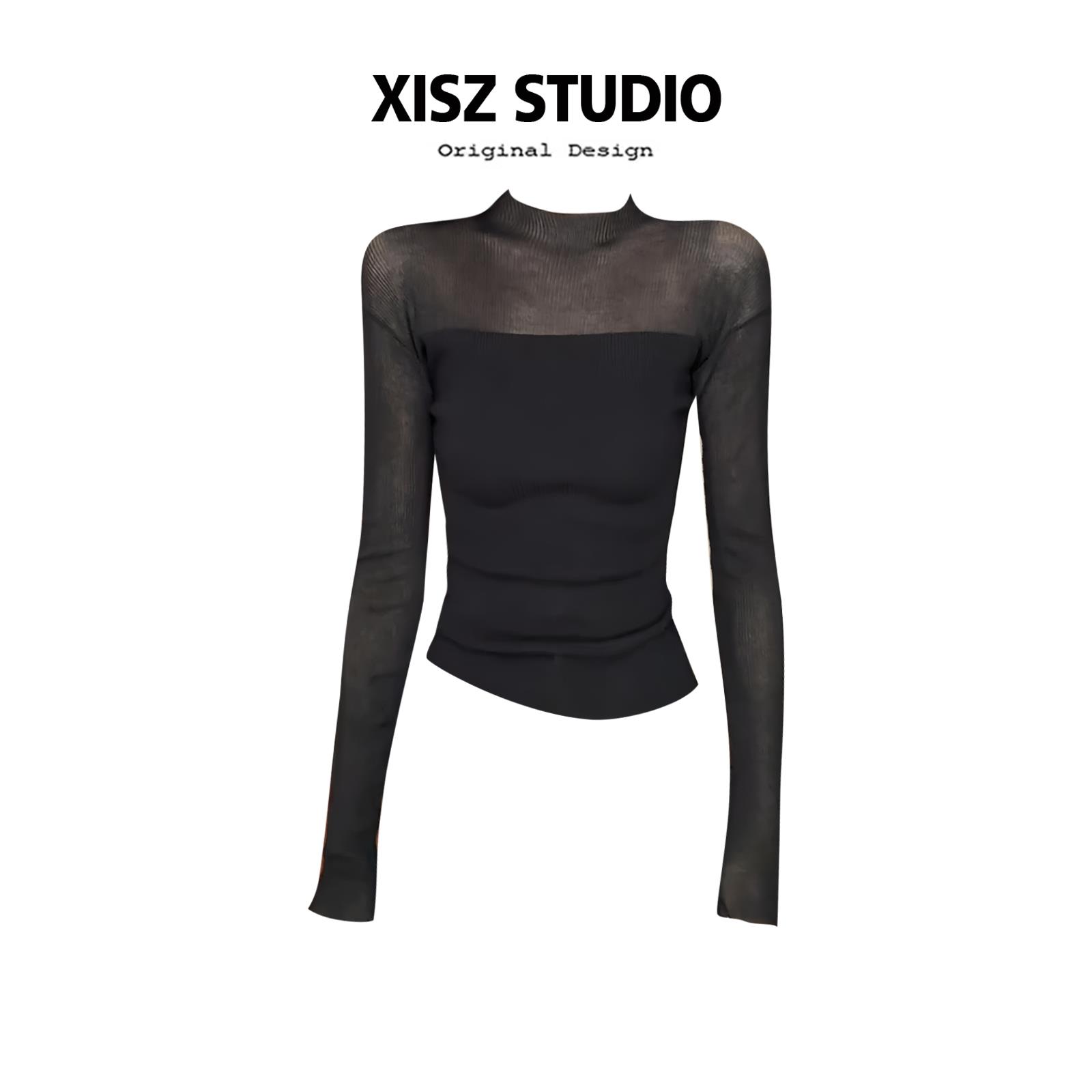 气质辣妹微透拼接立领长袖针织衫女早秋弹力修身显瘦百搭打底上衣