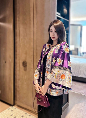 欧洲站2025夏季新款今年流行茶服新中式国风紫色印花外套女2814#