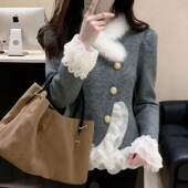 韩系高级加绒小众不撞款 荷叶边拼接短外套女2025年秋冬新款 小个子
