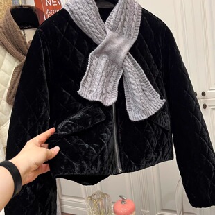 丝绒菱格夹棉短款外套女冬季新款圆领带围巾巨好看宽松薄款小棉服