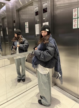 深冬独特超好看棉服藏蓝色休闲格纹棉服宽松时尚休闲保暖外套棉衣