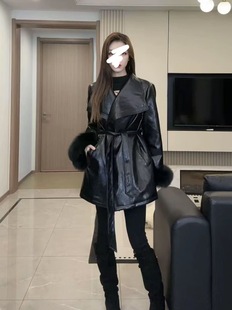 时尚 欧货中长款 新款 2025冬季 气质显瘦大衣皮衣潮 收腰皮衣外套女款