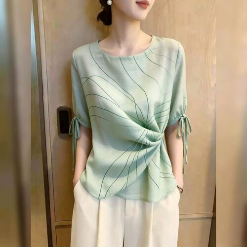 2026夏季韩版气质绿色短袖上衣女抽绳设计感温柔简约高级感小衫
