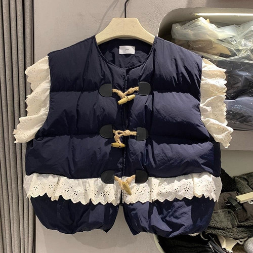 韩版简约蕾丝拼接夹棉无袖背心女2025秋冬新款保暖显瘦叠穿马甲潮