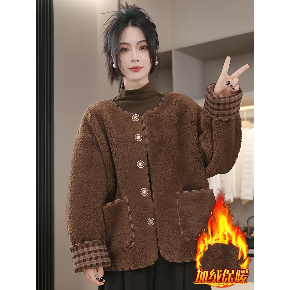 MONLOUVE巨好看的独特漂亮的初冬外套女2025新款加绒格子衣加厚保