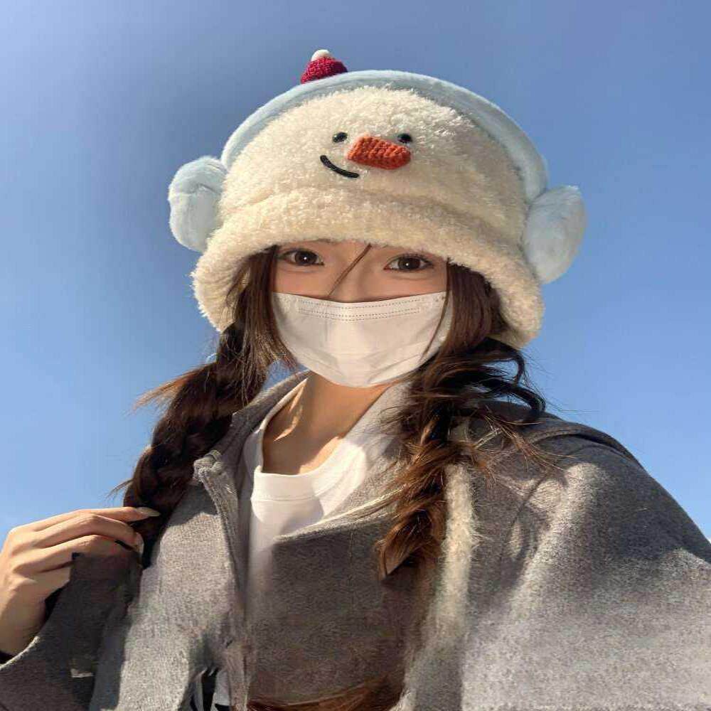 可爱卡通毛绒雪人针织雷锋帽子女大头围保暖毛线帽秋冬护耳套头帽