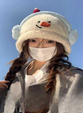 可爱卡通毛绒雪人针织雷锋帽子女大头围保暖毛线帽秋冬护耳套头帽