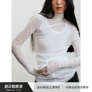 2025 百搭叠穿上衣新款 VINZOO 桑蚕丝褶皱薄纱高领打底女时尚