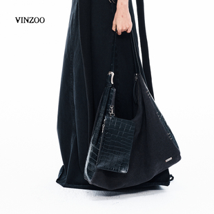 VINZOO 黑色亚麻工匠帆布拼接头层牛皮大容量轻质单肩斜挎托特包