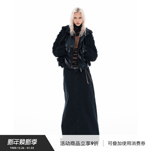 VINZOO 摩登卷毛进口环保皮草外套 黑色小翻领做旧双头拉链短款