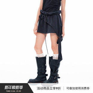 VINZOO 深灰色不规则松紧纽结腰头拼接侧绑结休闲运动短裙半裙