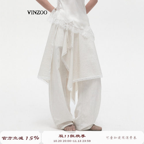 VINZOO亚麻蕾丝弯刀裤裙裤