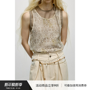 上衣女2025春夏新款 复古无袖 植物染色叠穿蕾丝背心法式 VINZOO