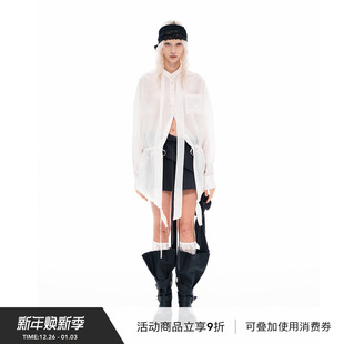 VINZOO 薄外套 原创白色哑光纸感醋酸丝巾抽绳透感宽松休闲衬衫