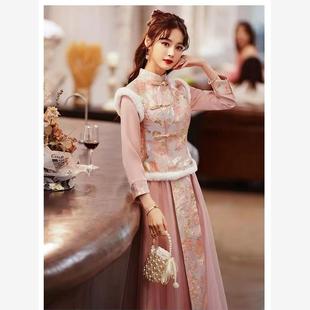 伴娘服中式秋冬秀禾伴娘礼服女中国风旗袍裙大码姐妹团长袖伴娘服