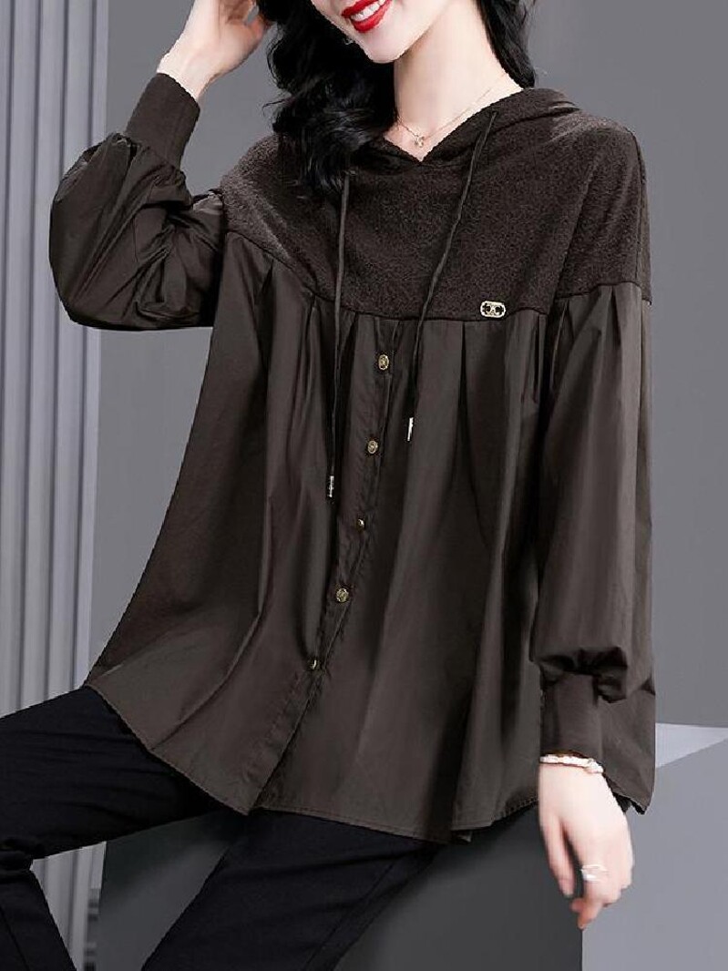 COVERING THE FLESH FASHIONABLE TEMPERAMENT SPRING AND AUTUMN TOPS HIGH-QUALITY VERSATILE PATCHWORK HOODED TOPS T-SHIRTS COFFEE COLOR NEW AUTUMN AND WINTER LOOSE