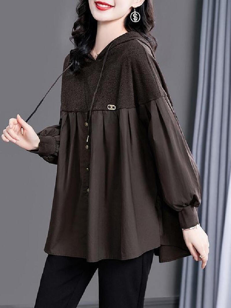 COVERING THE FLESH FASHIONABLE TEMPERAMENT SPRING AND AUTUMN TOPS HIGH-QUALITY VERSATILE PATCHWORK HOODED TOPS T-SHIRTS COFFEE COLOR NEW AUTUMN AND WINTER LOOSE