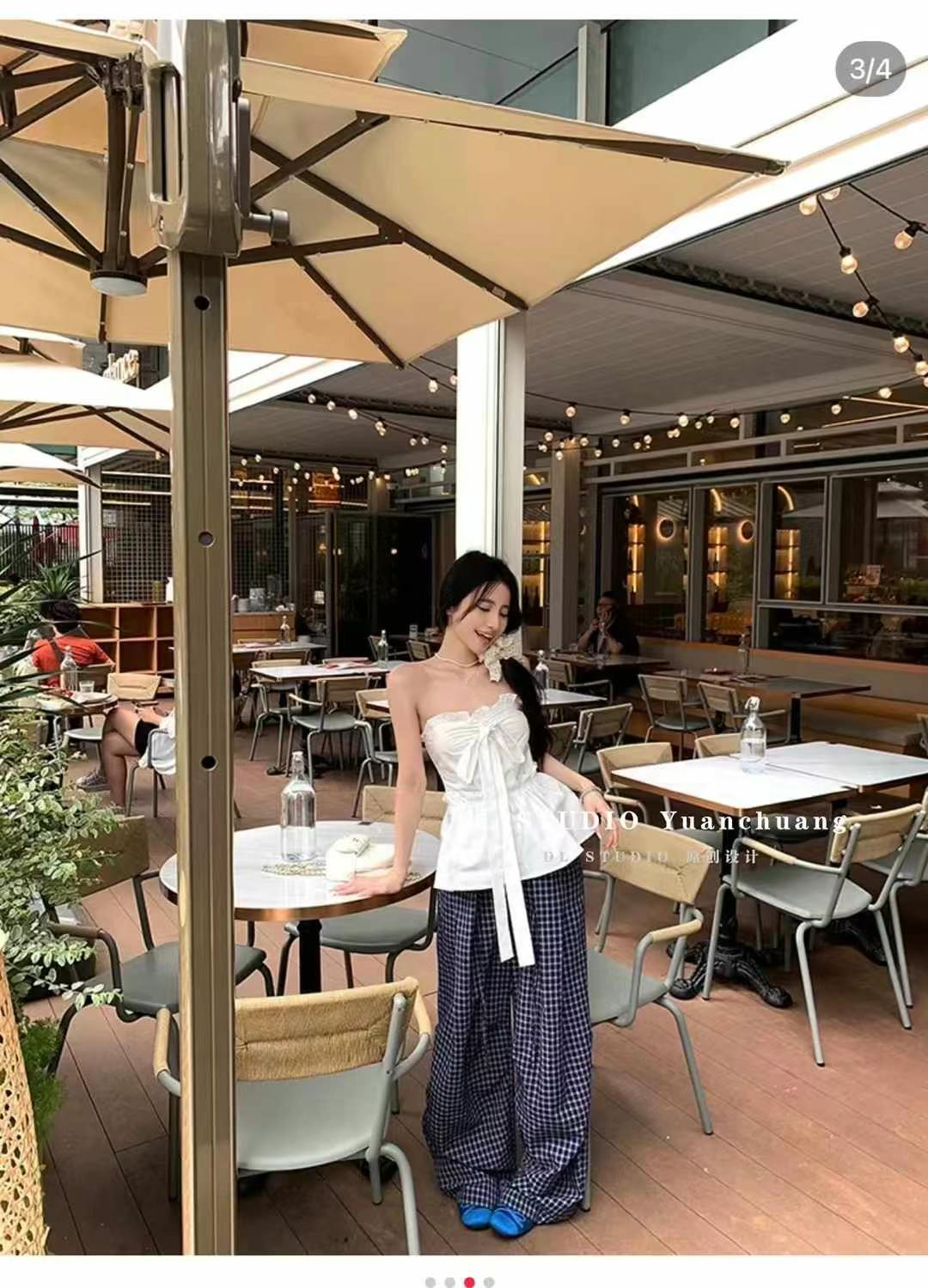 DL2025欧货设计感小众甜辣风花边系带蝴蝶结收腰抹胸+格子裤套装