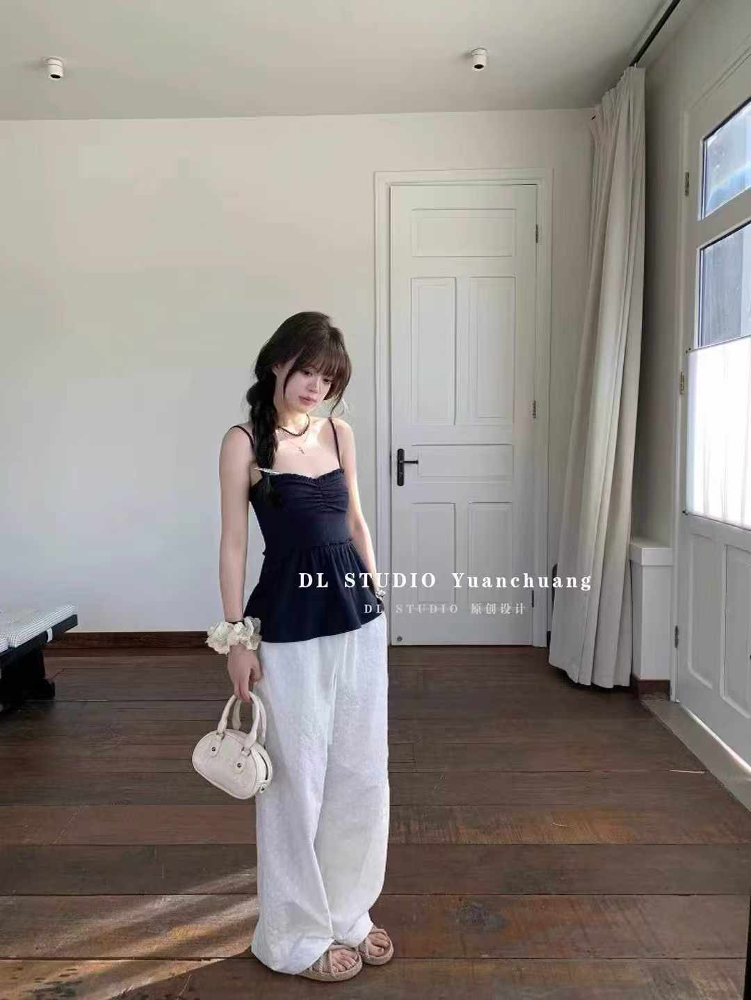 DL2025夏法式海边吊带背心外穿荷叶边无袖上衣+直筒阔腿裤两件套
