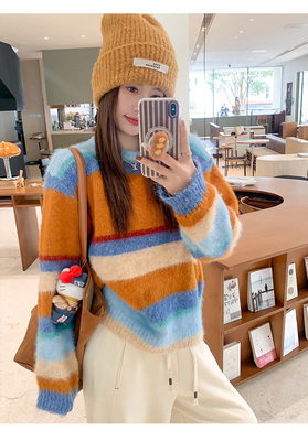 DL十三行复古时尚设计感小众毛衣修身显瘦百搭条纹针织开衫外套女