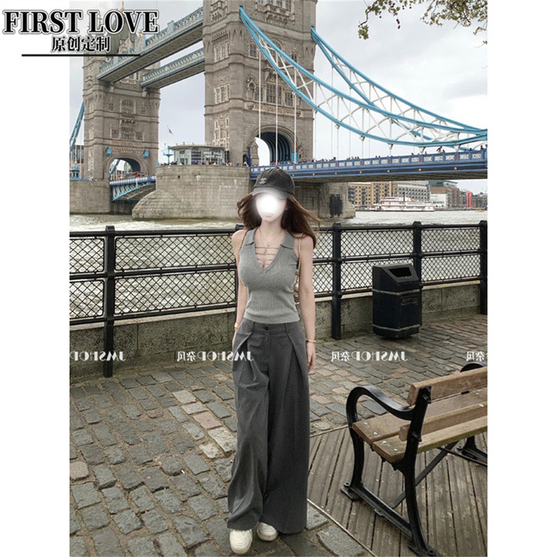 WHT2025欧货设计感小众V领修身显瘦短袖T恤+休闲裤套装两件套女