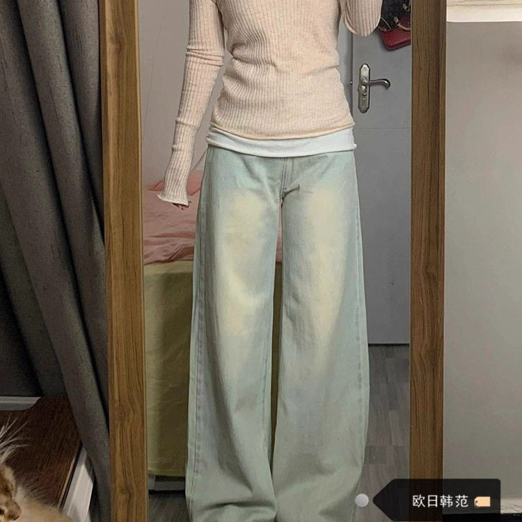 大码浅色牛仔裤女秋季新款直筒宽松高腰美式休闲设计感阔腿裤子潮