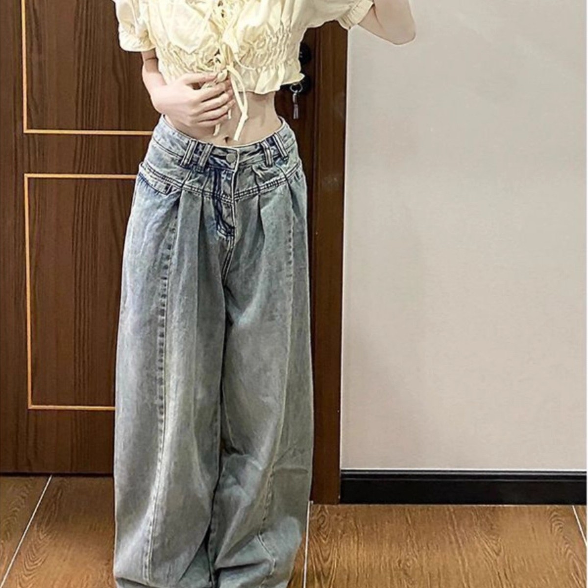 复古水洗做旧阔腿牛仔裤女2025新款浅蓝色宽松显瘦直筒拖地裤子潮
