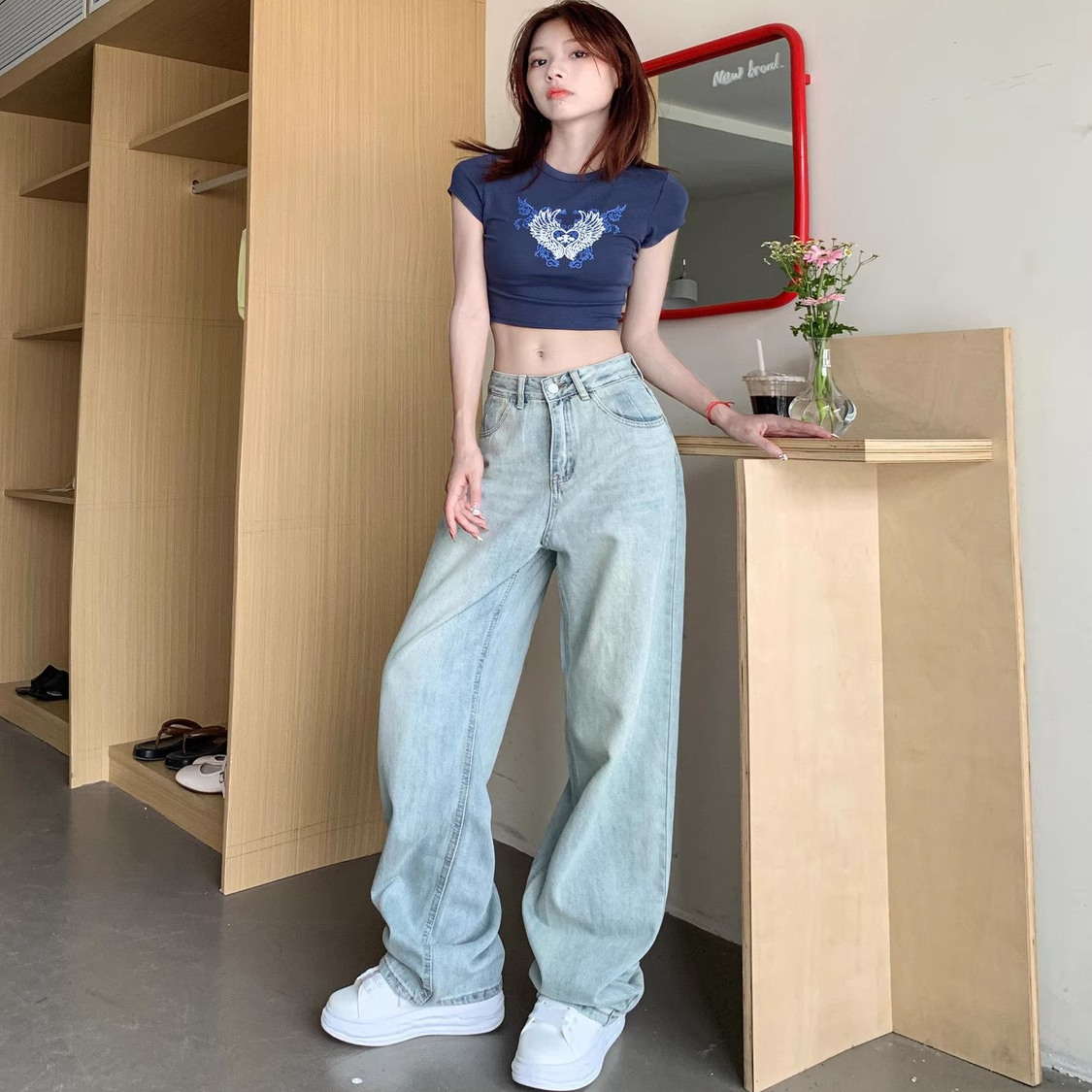 美式阔腿牛仔裤女学生2025新款高腰显瘦宽松垂感窄版直筒拖地裤子
