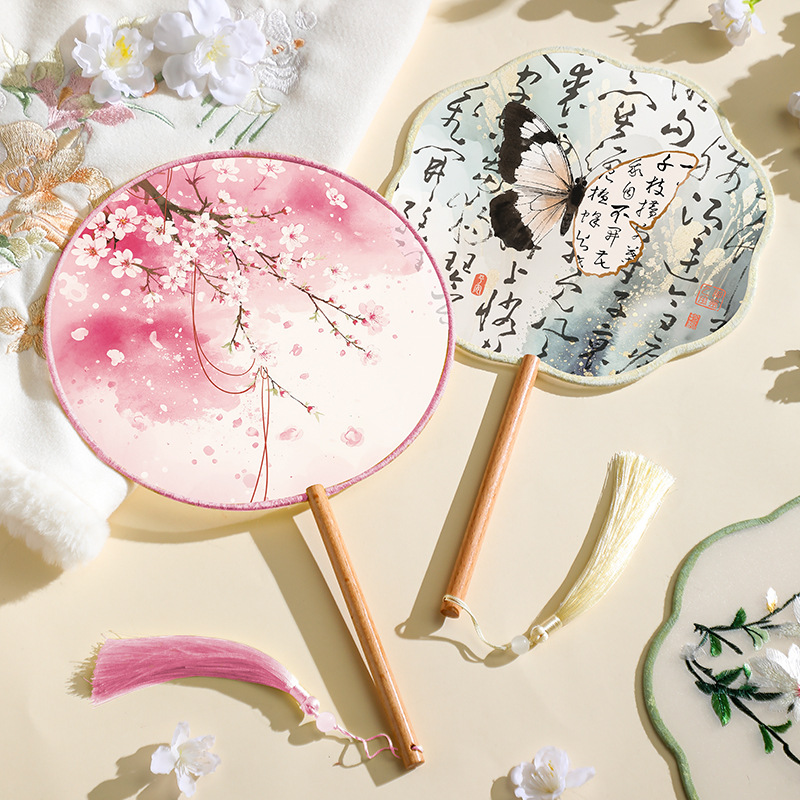 团扇古风扇子儿童夏天半透长柄舞蹈扇女童古装汉服旗袍刺绣小圆扇
