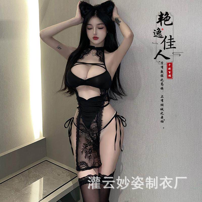 80-160斤大码新款夏品牌跨境性感内衣女免脱透视绑带蕾丝旗袍套装