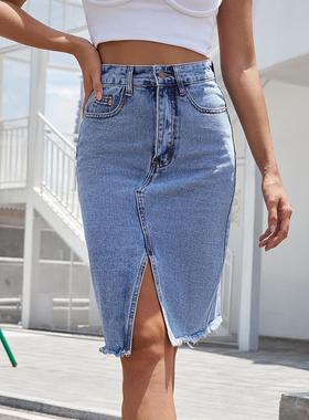 Women's denim skirt中长牛仔半身裙外贸女装包臀开叉裙子高