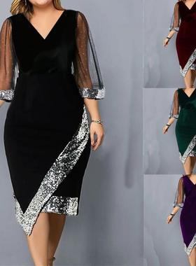 S-5XL women dinner party dress ladies skirt gown金丝绒亮片裙