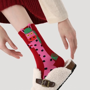 2025年新款本命年马年红色中筒袜子女士秋冬爆款搭配勃肯鞋小皮鞋